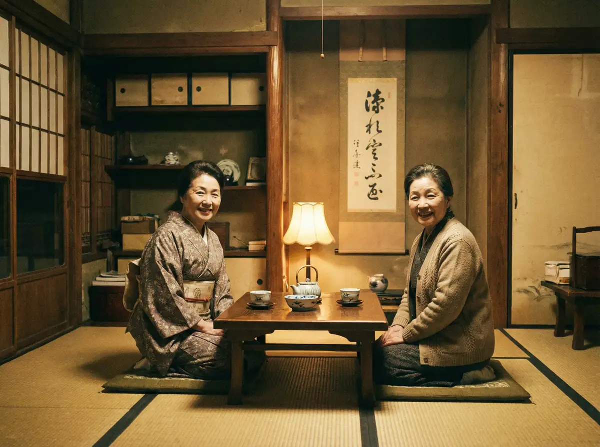 两位优雅的 jbo体育app 在日式茶室中品茶交谈